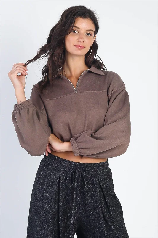 Mocha Zip-Up Collared Long Sleeve Crop Sweater /3-2-1Athletic Knit Tops