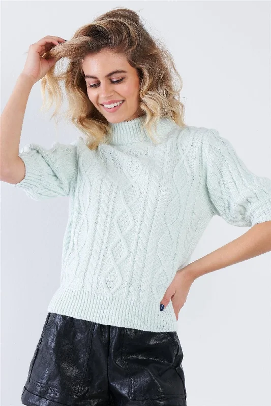 Cloud Blue Cable Knit Casual 3/4 Sleeve Mock Neck Chic Sweater  /3-2-1Boat Neck Knit Tops