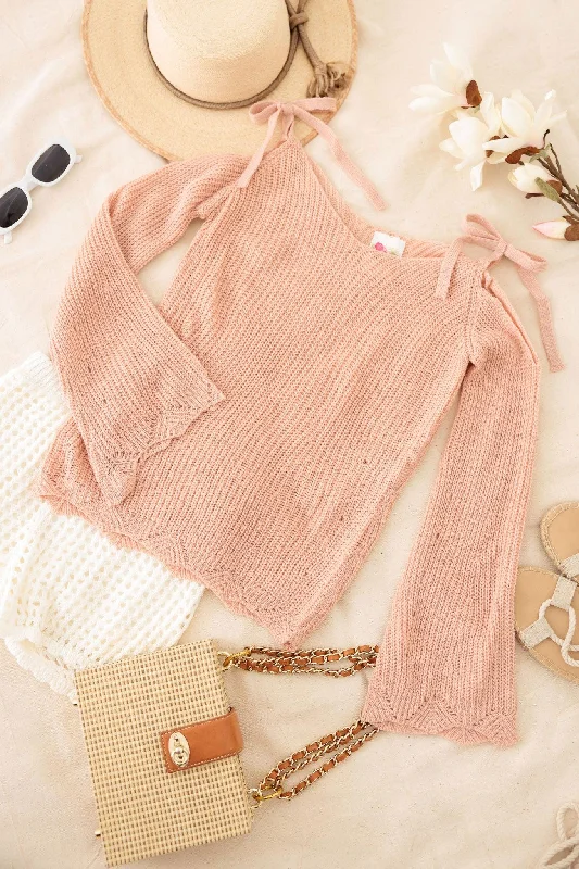 Girls Casual Solid Cold Shoulder Tie SweaterHunting Knit Tops