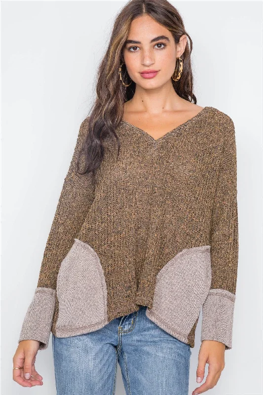 Leaf V-Neck Knit Long Sleeve Sweater / 2-2-2Zippered Knit Tops