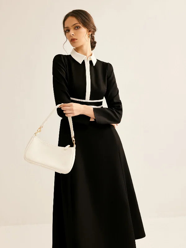 Waterproof DressContrast Piping Long Sleeve Lapel Dress