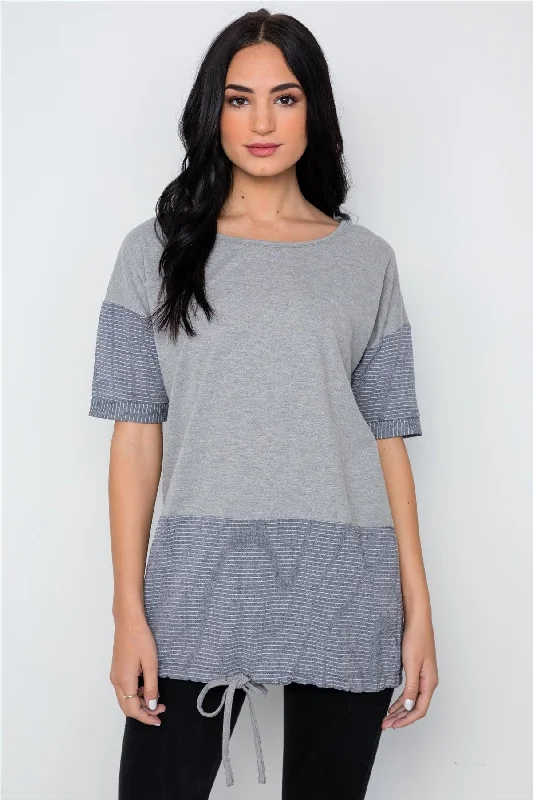 Off-Shoulder Short Sleeve TopsGrey Contrast Stripe Short Sleeve Top / 2-2-2