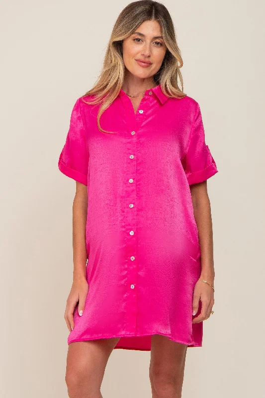 Designer Short Sleeve TopsFuchsia Satin Button Front Short Sleeve Maternity Dress