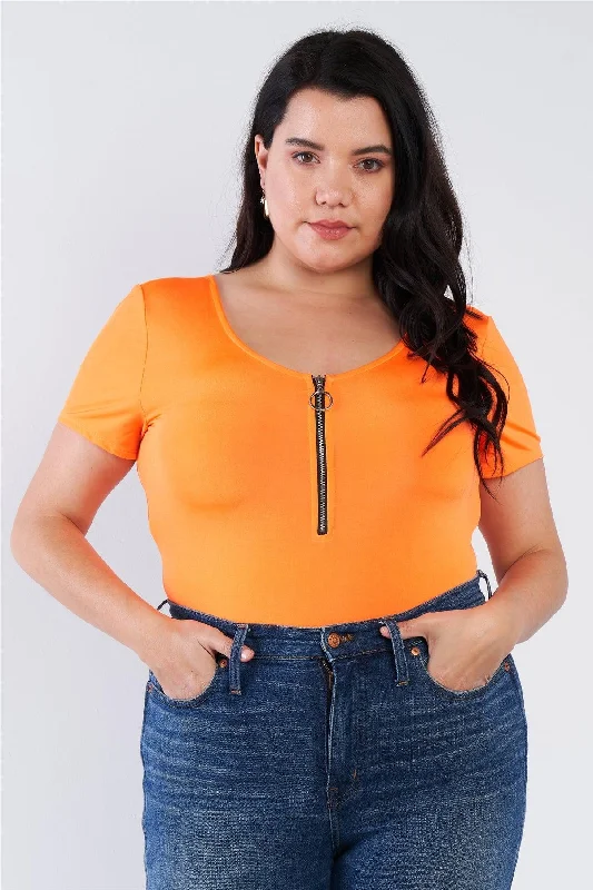 Organic Cotton Short Sleeve TopsJunior Plus Size Neon Orange Front Zipper Short Sleeves Bodysuit /2-2-2