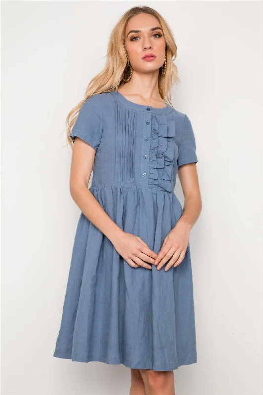 Thermal Short Sleeve TopsBlue Ruffle Detail Short Sleeve Midi Dress / 3-2-1