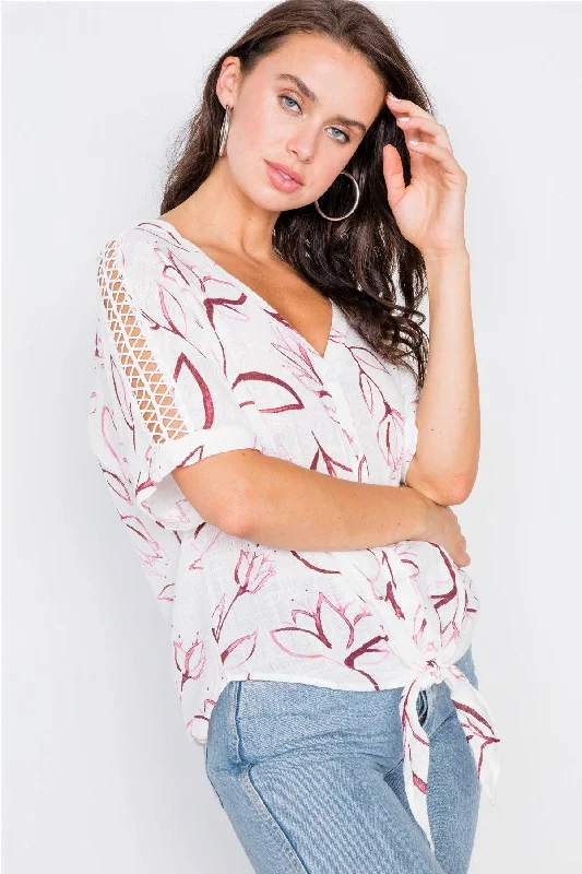 Streetwear Short Sleeve TopsWhite Mauve Floral Paint Print High-Low Short Sleeve Top / 2-2-2