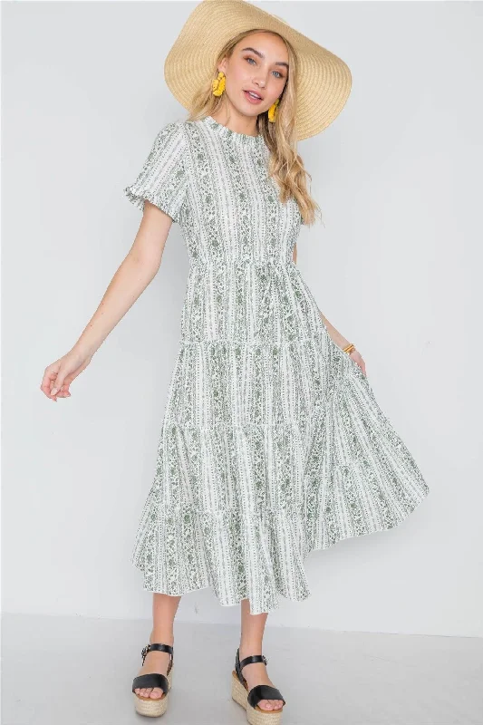 Mesh Short Sleeve TopsSage Floral Shirred Short Sleeve Midi Dress