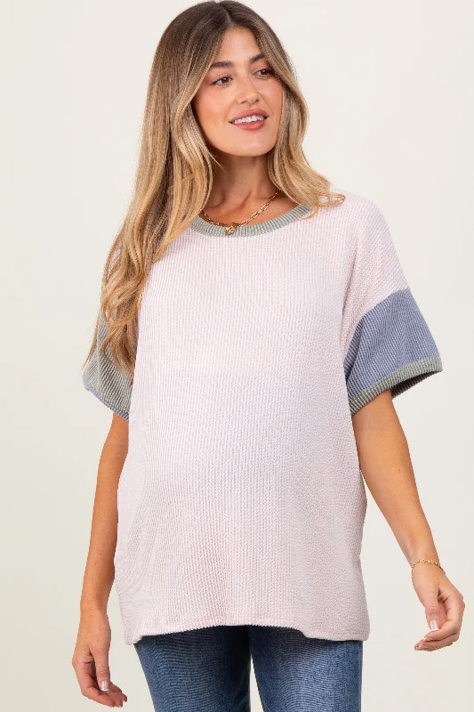 Off-Shoulder Short Sleeve TopsPeach Solid Ribbed Color Block Short Sleeve Maternity Tunic Top