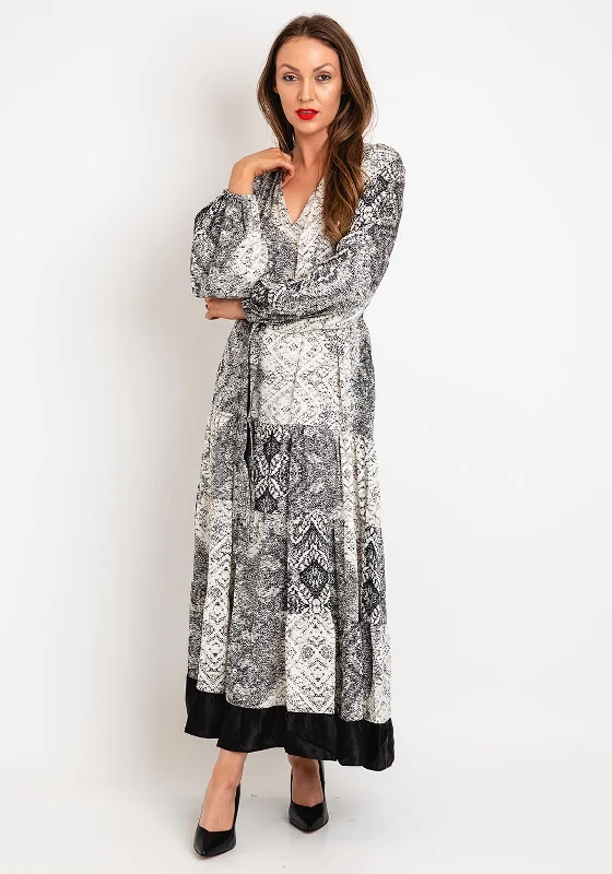 A-line DressNatalia Collection One Size Patchwork Print Satin Tiered Maxi Dress, Black & White