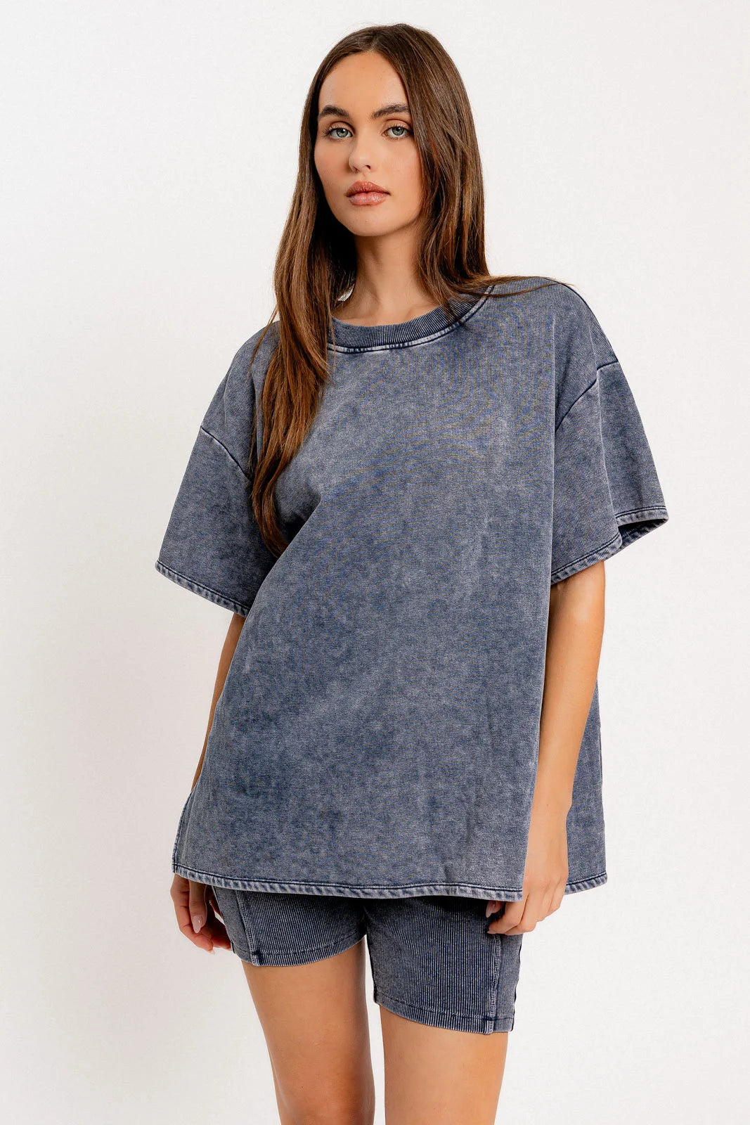 Fleece Short Sleeve TopsShort Sleeve Crew Neck Washed Oversized Basic Tunic Top