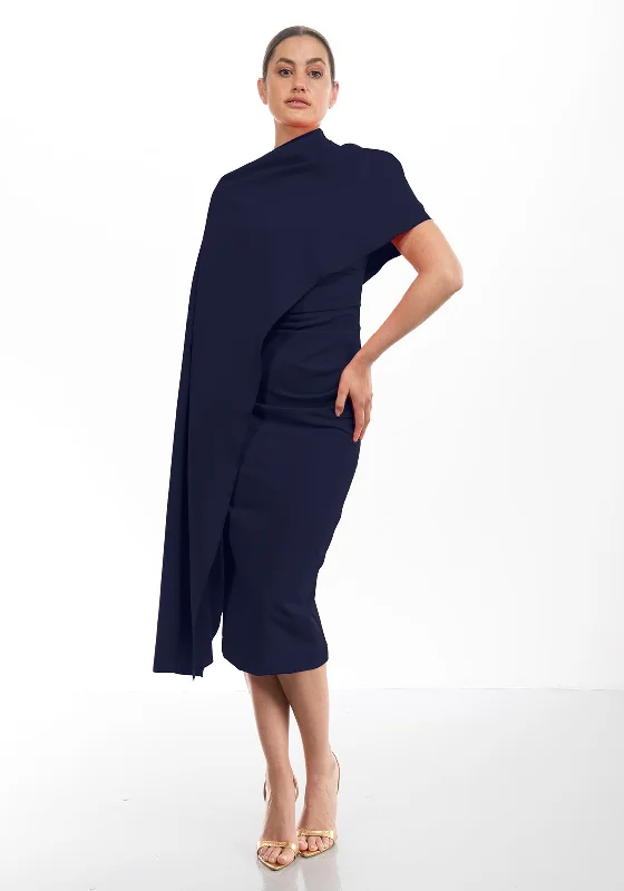 Sleeveless DressKevan Jon Alice Cape Sleeve Mide Dress, Navy