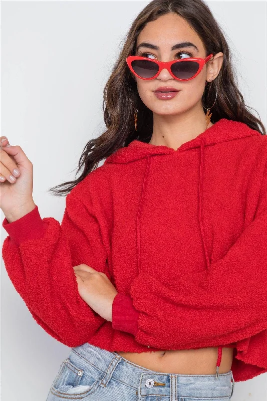 Red Cropped Hooded Long Sleeve Fleece Sweater /1-3-2Bamboo Knit Tops