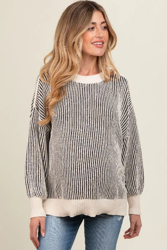 Black Ribbed Balloon Sleeve Maternity SweaterPainted Knit Tops