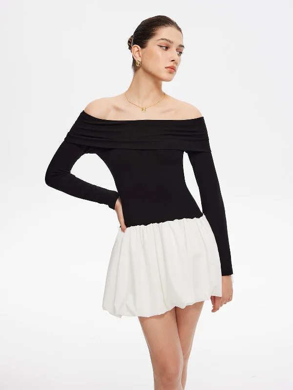 Opaque DressTwo Tone Off Shoulder Bubble Short Dress