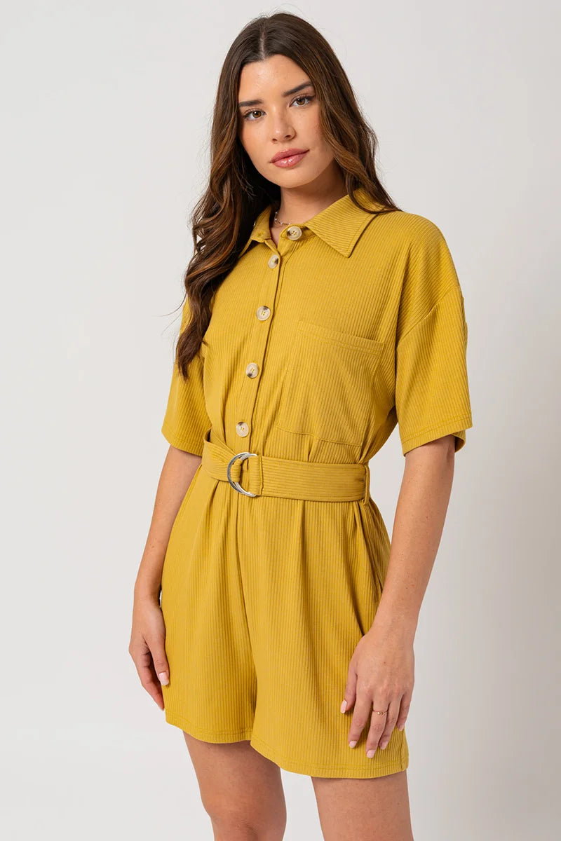 Metallic Short Sleeve TopsBelted Short Sleeve Button Up Ribbed Romper