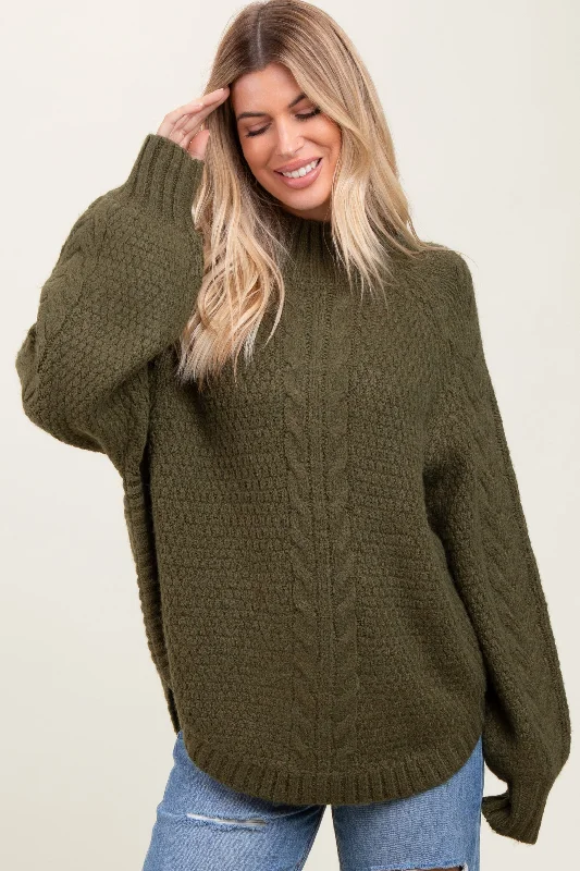 Olive Mixed Chunky Cable Knit Mock Neck SweaterEmbellished Knit Tops