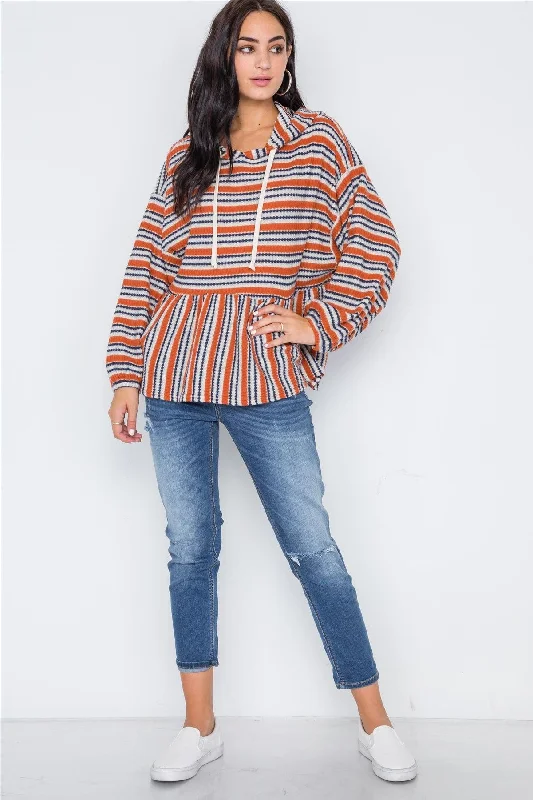 Rust Navy Stripe Long Sleeve Hooded Soft Sweater /2-2Ruffled Knit Tops