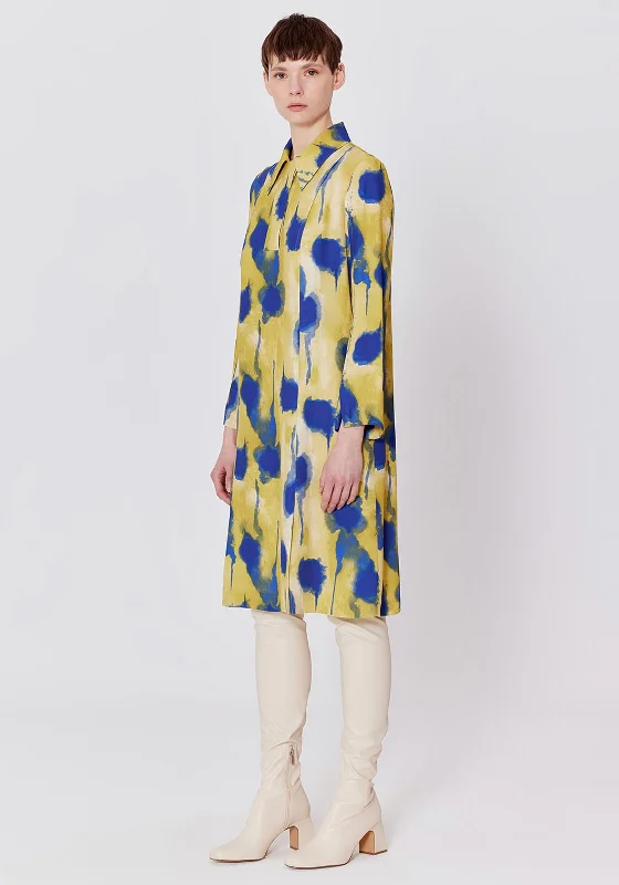 Fleece-lined DressBirelin Ink Dye Knee Length Shirt Dress, Yellow & Blue