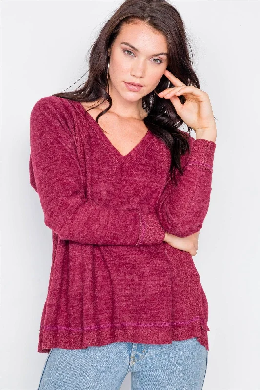 Burgundy V-Neck Contrast Fabric Raw Hem Oversize Sweater /2-2-2Ribbed Cuff Knit Tops