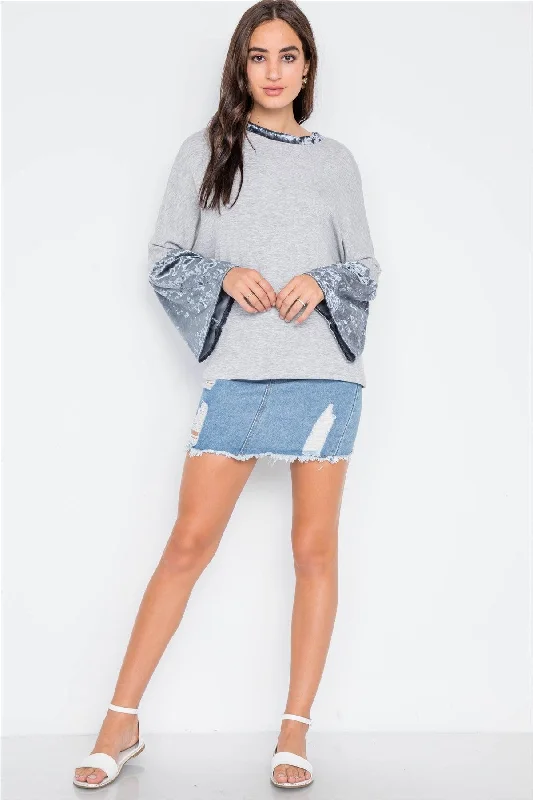 Grey Combo Velvet Bell Sleeves SweaterRetro Knit Tops