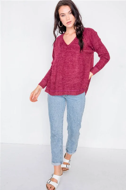 Burgundy V-Neck Contrast Fabric Raw Hem Oversize Sweater /2-2Embellished Knit Tops