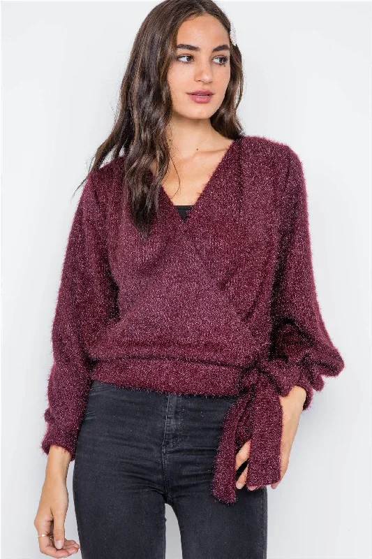 Violet Fuzzy Long Sleeve Surplice Sweater /2-2-2Layered Knit Tops