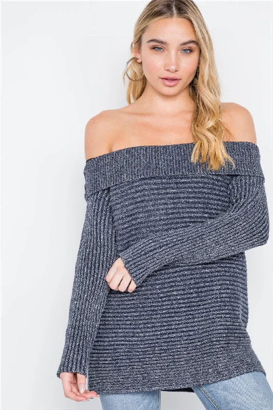 Navy Ribbed Off The Shoulder Knit Sweater /2-2-2Cashmere Knit Tops