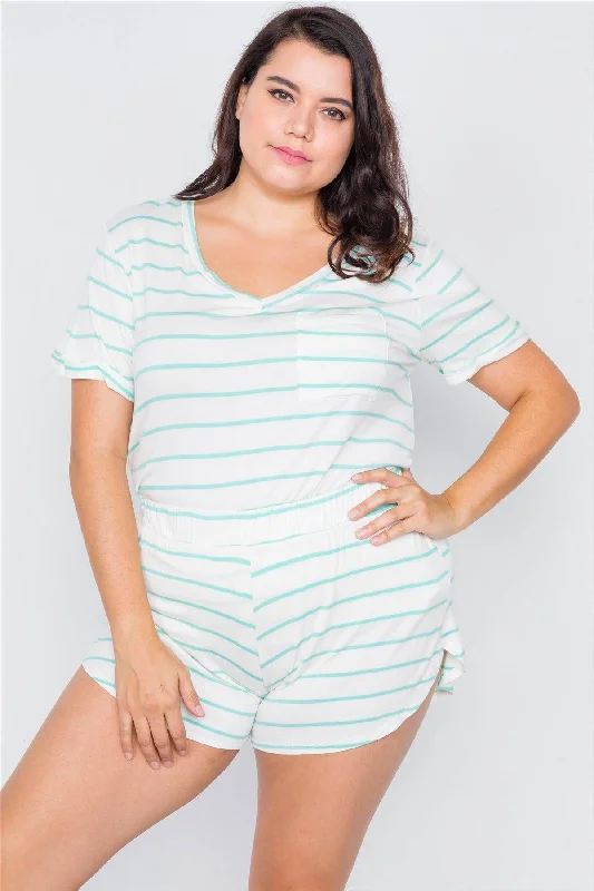 Athletic Short Sleeve TopsPlus Size White & Mint Rolled Short Sleeve Stripe Comfy Short Set /1-2-1