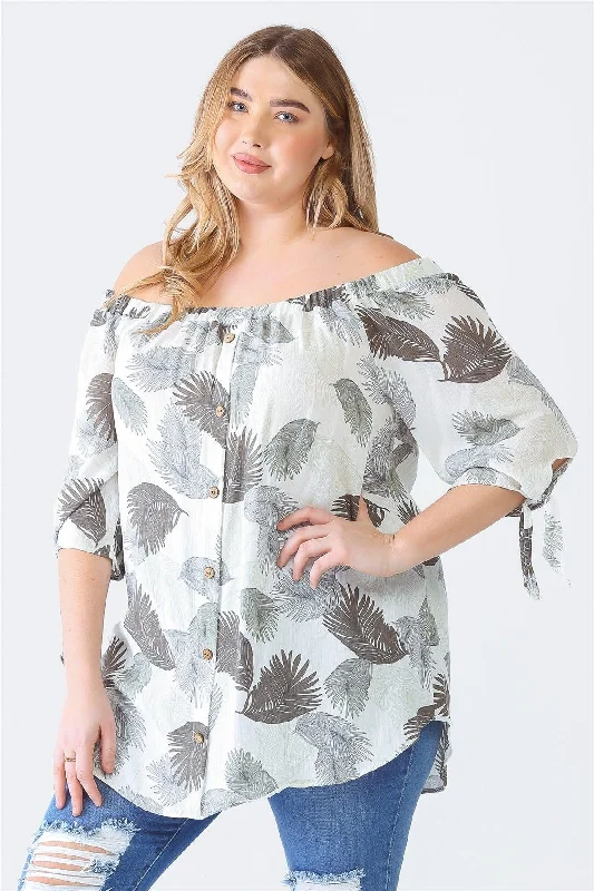 Reflective Short Sleeve TopsJunior Plus Cream Sage Palm Leaves Print Button-Up Off-The-Shoulder Short Sleeve Top /1-1-1