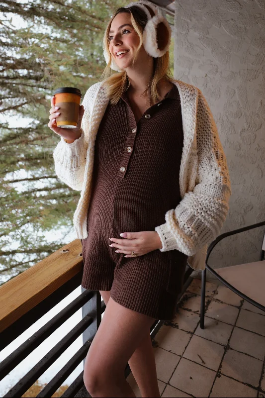 Brown Button Down Maternity Sweater RomperZippered Knit Tops