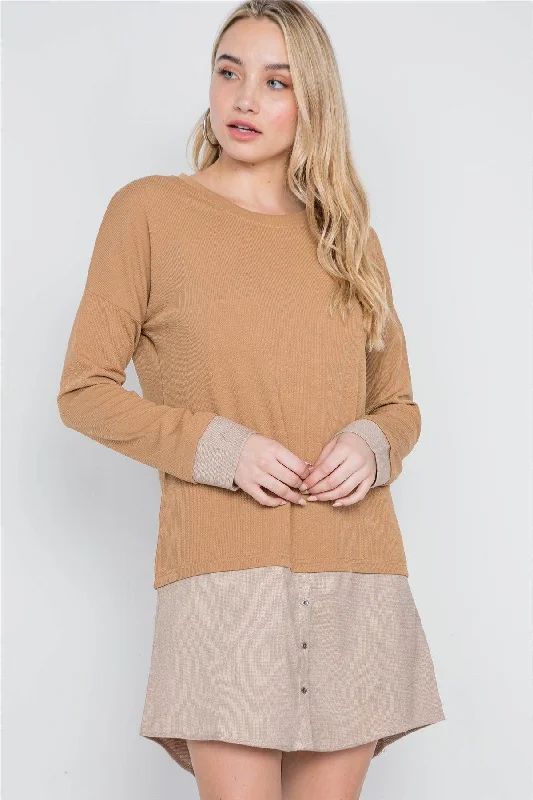 Taupe Knit Combo Long Sleeve Sweater Dress /3-1-1Punk Knit Tops