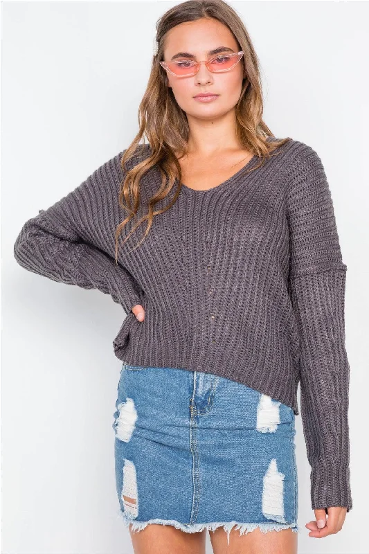 Charcoal Knit V-Neck Long Sleeve Sweater /2-2-2Organic Cotton Knit Tops