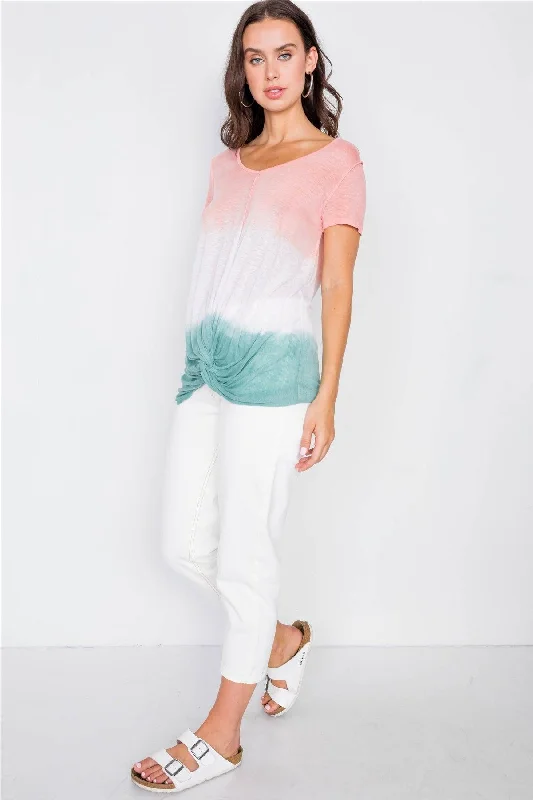 UV-Protection Short Sleeve TopsCoral Jade Dip Dye Front Tie Short Sleeve Semi-Sheer Tee / 3-2-2