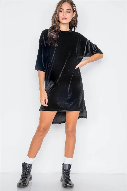 Fleece Short Sleeve TopsBlack Velvet Oversized Short Sleeve Shirt Dress