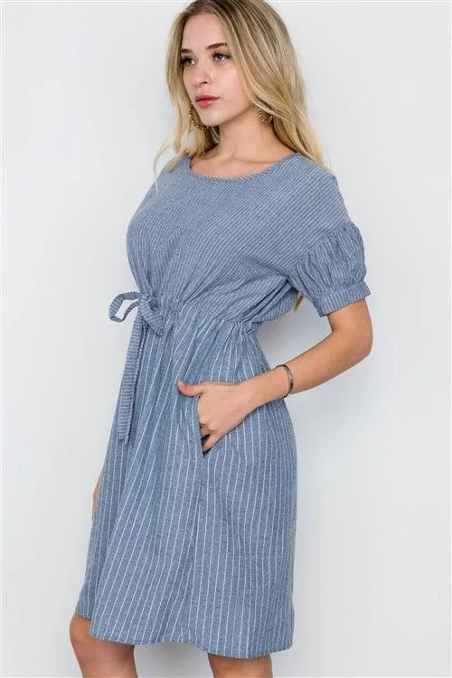 Distressed Short Sleeve TopsBlue Stripe Short Sleeve Boho Midi Dress /4-2