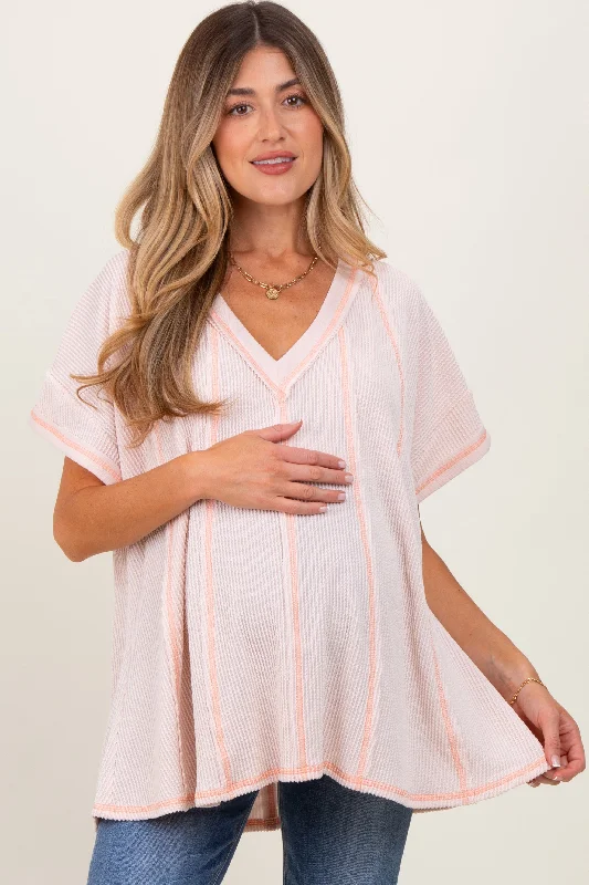 Relaxed Fit Short Sleeve TopsPeach Striped Ribbed V-Neck Oversized Short Sleeve Maternity Top