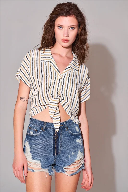 Quick-Dry Short Sleeve TopsIvory & Mustard Striped Collared Short Sleeve Self-Tie Front Cropped Top /3-2-1