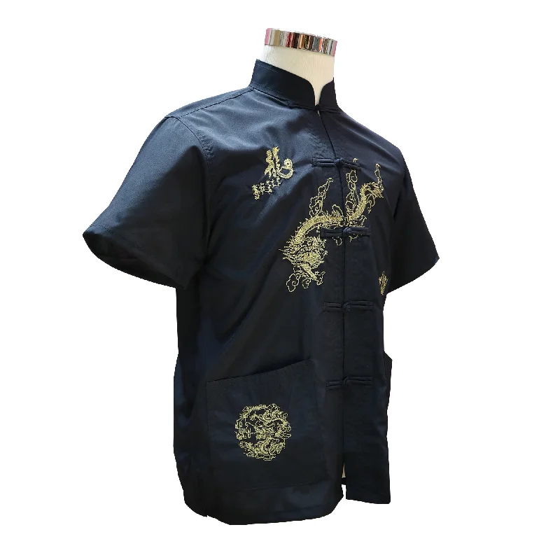 Longline Short Sleeve TopsShort Sleeve Tang Shirt with Gold Dragon - Black