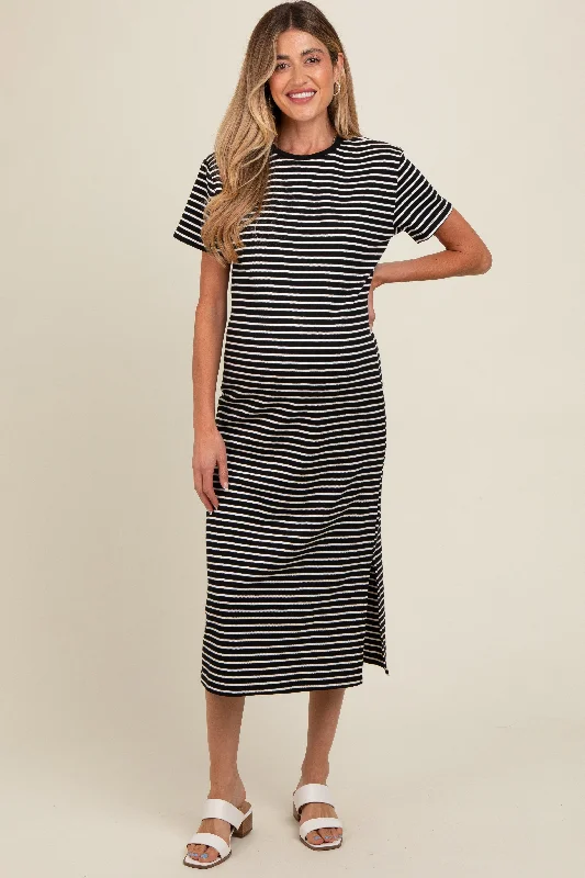 Cotton Short Sleeve TopsBlack Striped Short Sleeve Maternity T-Shirt Midi Dress