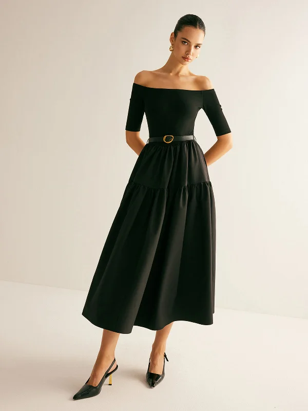 Gypsy DressCold-Shoulder Panel Pleated Belted Dress