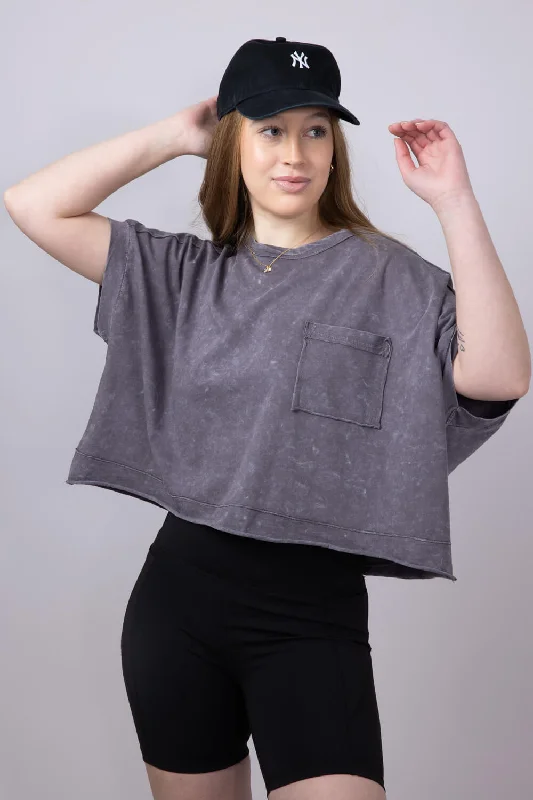 Oversized Cropped Mineral Wash Knit T-Shirt for Women in Black | NT11429-BLACKMetallic T-Shirts