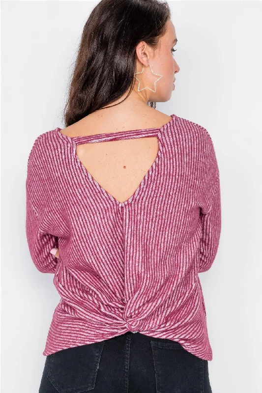 Burgundy Long Sleeve Back Tie Knot Cut-Out V-Neck Sweater  /2-2-3Skateboard Knit Tops