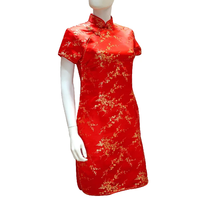 College Short Sleeve TopsShort Sleeve Mini Qipao with Gold Blossoms - Red