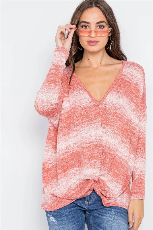 Coral  Deep V-Neck Front-Twist Sweater /2-2-2Beaded Knit Tops