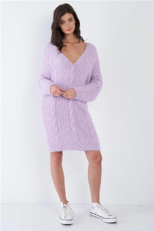 Purple Fuzzy Sweater Dress /4-2-1Ribbed Knit Tops