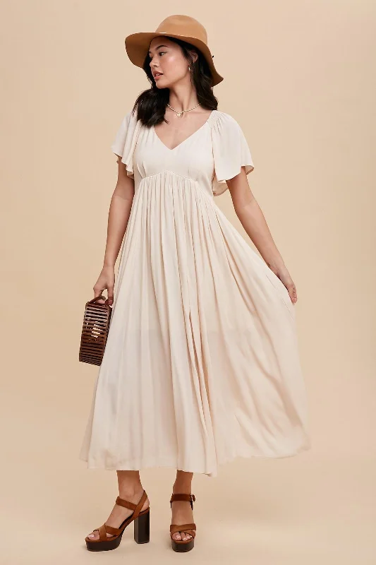 Polyester Short Sleeve TopsCream V-Neck Flutter Short Sleeve Midi Dress