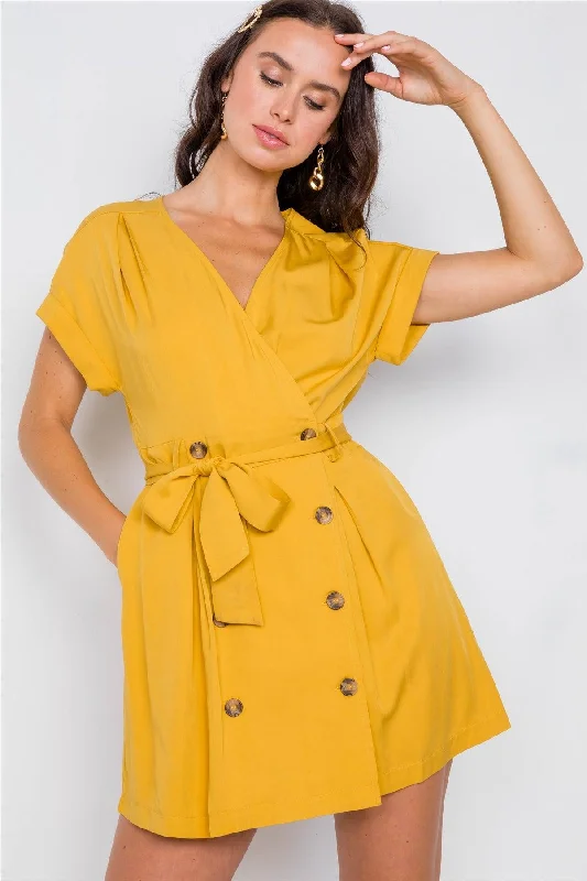 Casual Short Sleeve TopsMustard Double Breasted Short Sleeve Mini Dress / 2-2-2