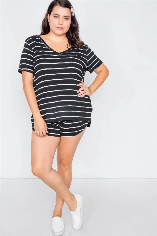 Work Short Sleeve TopsPlus Size Black & White Rolled Short Sleeve Stripe Comfy Short Set  /2-2-2