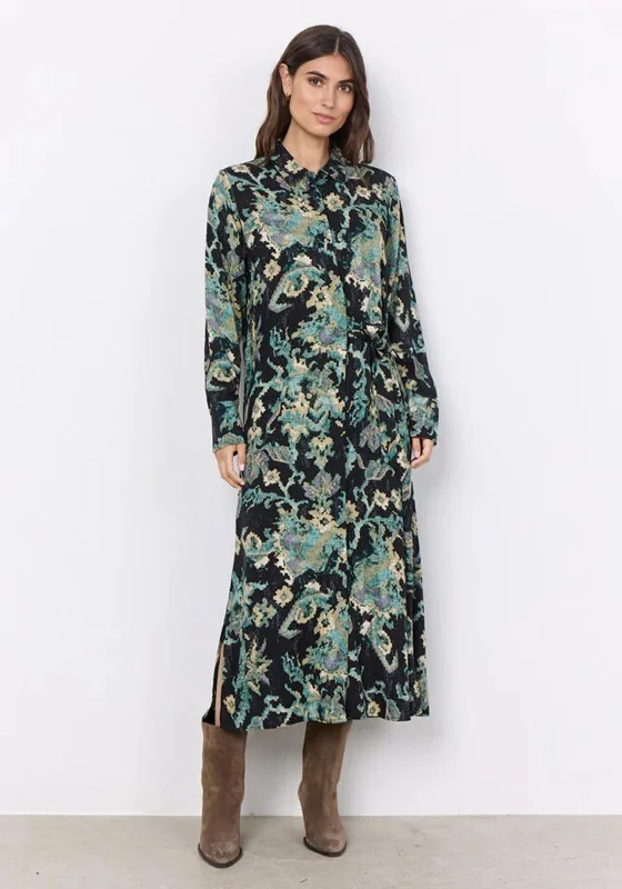 Slit DressSoyaconcept Takari Abstract Ornate Maxi Shirt Dress, Dark Green