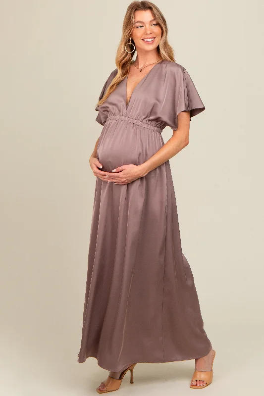 Branded Short Sleeve TopsTaupe Satin V-Neck Flutter Short Sleeve Maternity Maxi Dress